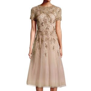 Aidan Mattox Crew Neck Short Sleeve Beaded Mesh Dress